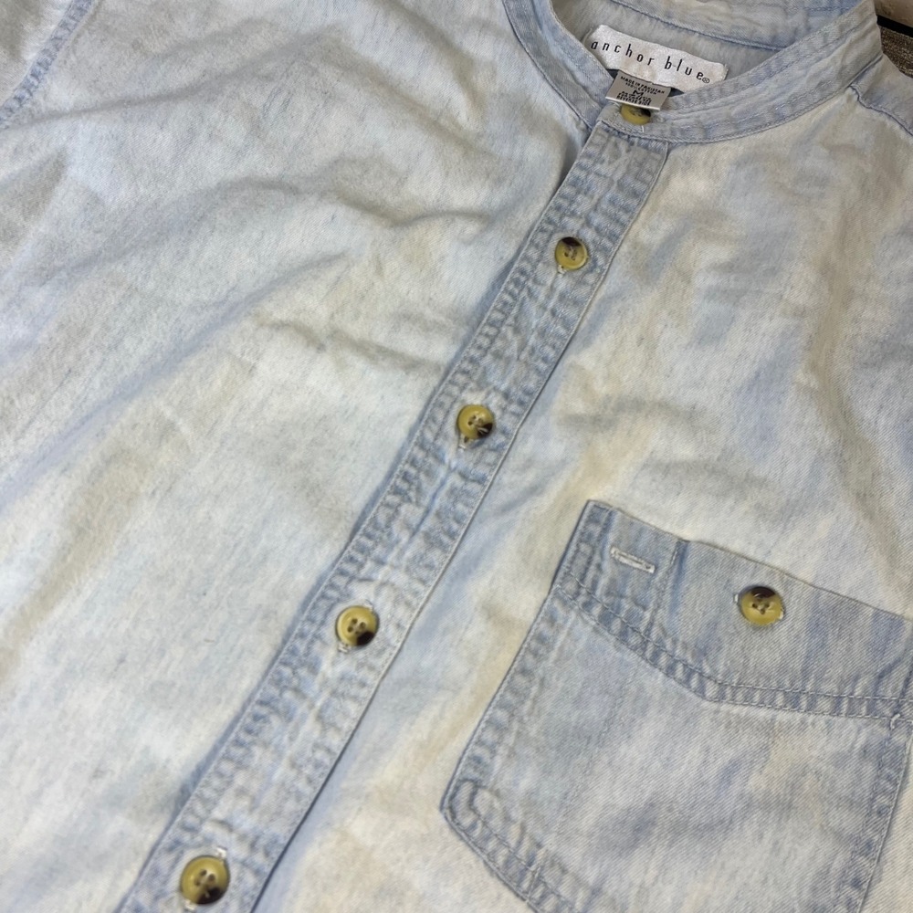 Vintage Y2K Anchor Blue Shirt Men M Denim Light Wash Band Collar Retro Going Out